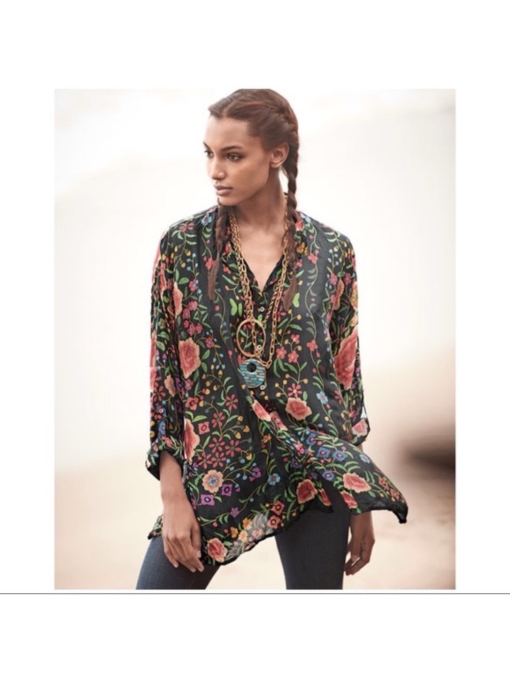 Johnny Was Emby Button Down Floral Silk Tunic Size Large